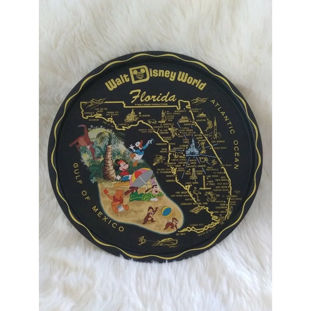Vintage 1970s Walt Disney World Florida Round Black Metal Tray Mickey Mouse